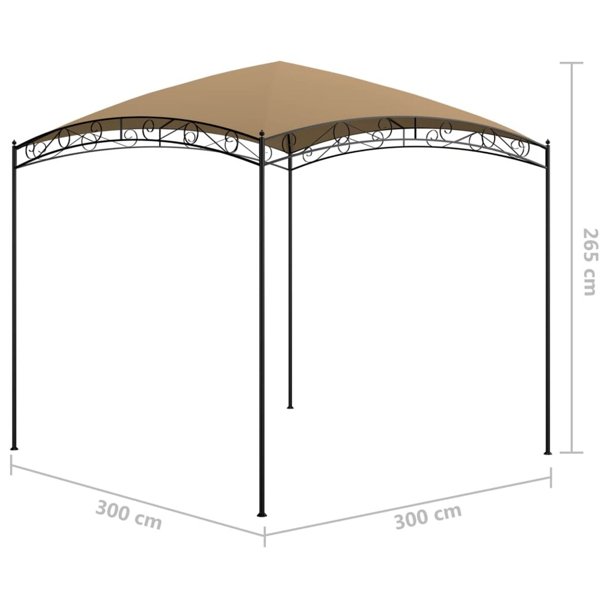 Beige Pavillon-Gazebo mit schwarzem Rahmen, Abmessungen sind angegeben.
