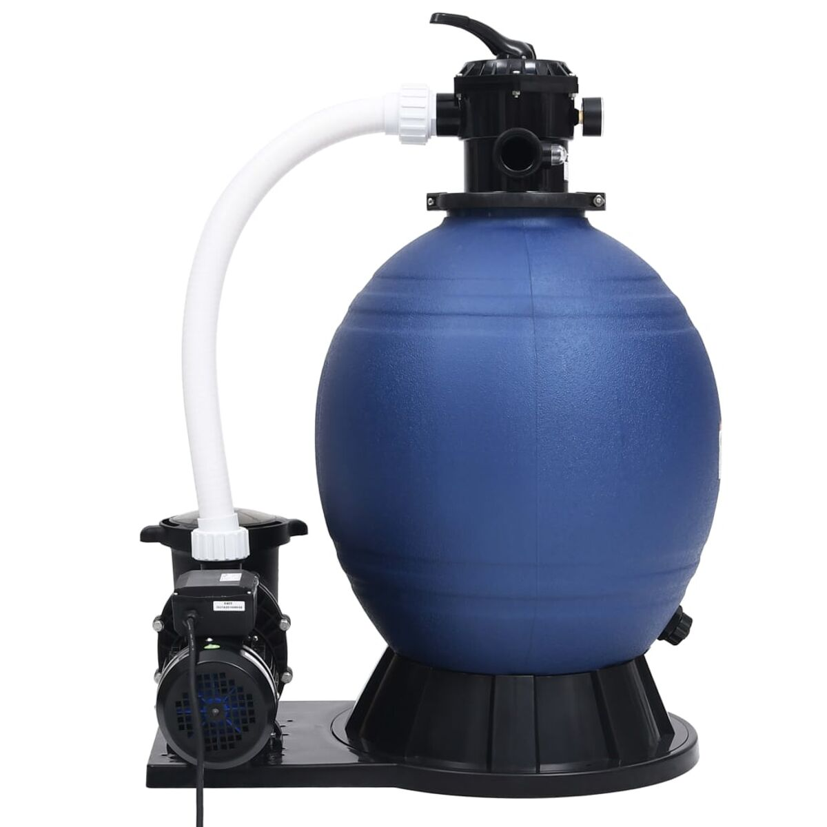 Blau-schwarzes Poolfiltersystem mit Pumpe und anderen Komponenten.