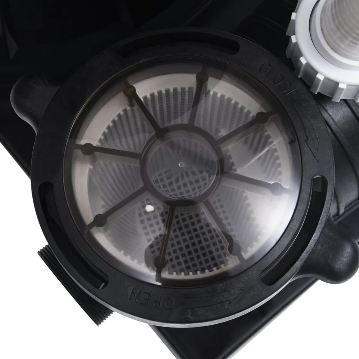 Nahaufnahme eines schwarzen Poolfilters mit transparentem Deckel und zentralem Filter.