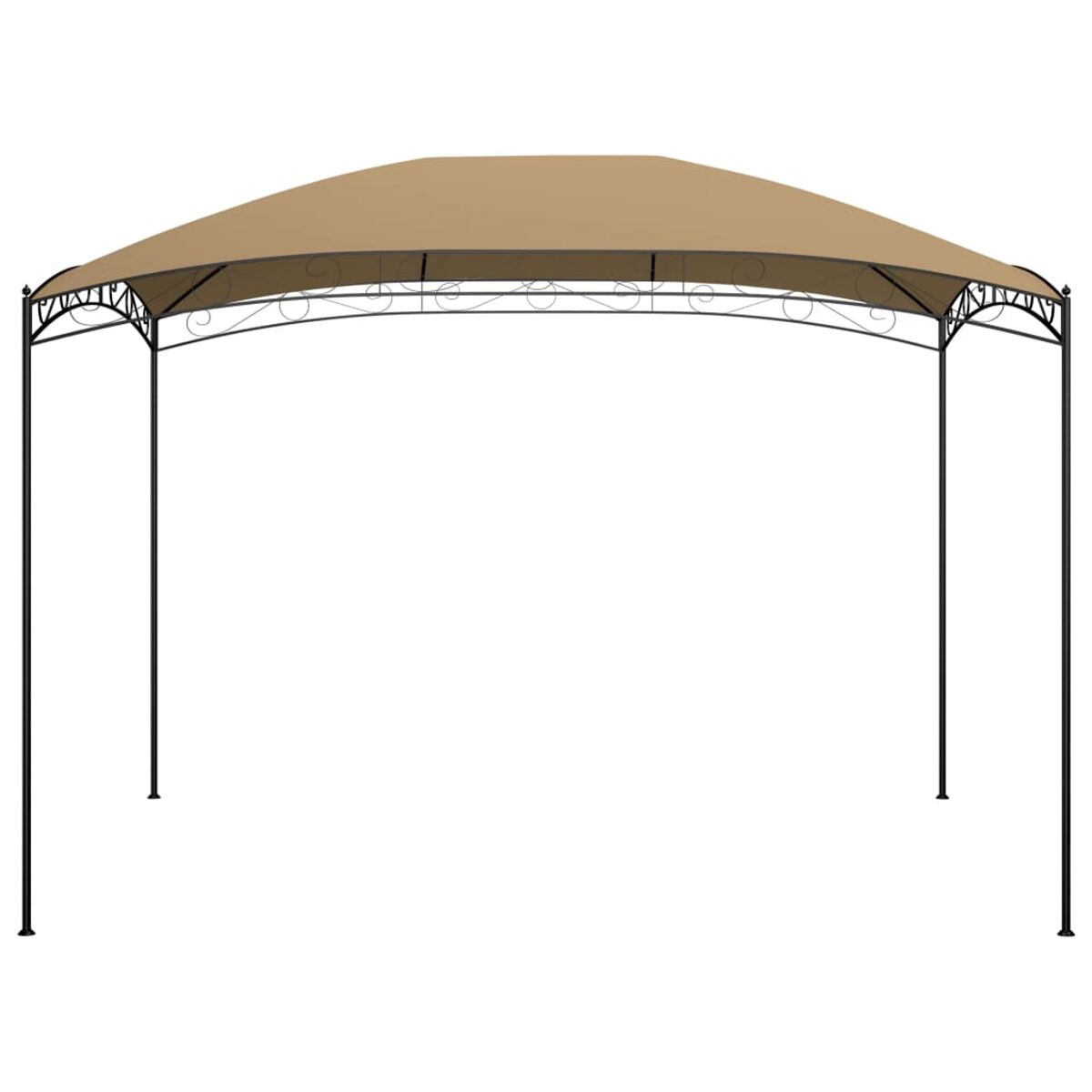 Beiger Pavillon mit schwarzem Metallrahmen. Gewölbtes Dach, offene Seiten. Isoliert auf weißem Hintergrund.