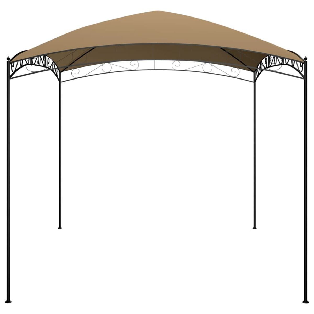 Pavillon mit braunem Baldachin und schwarzem Metallrahmen auf weißem Hintergrund.