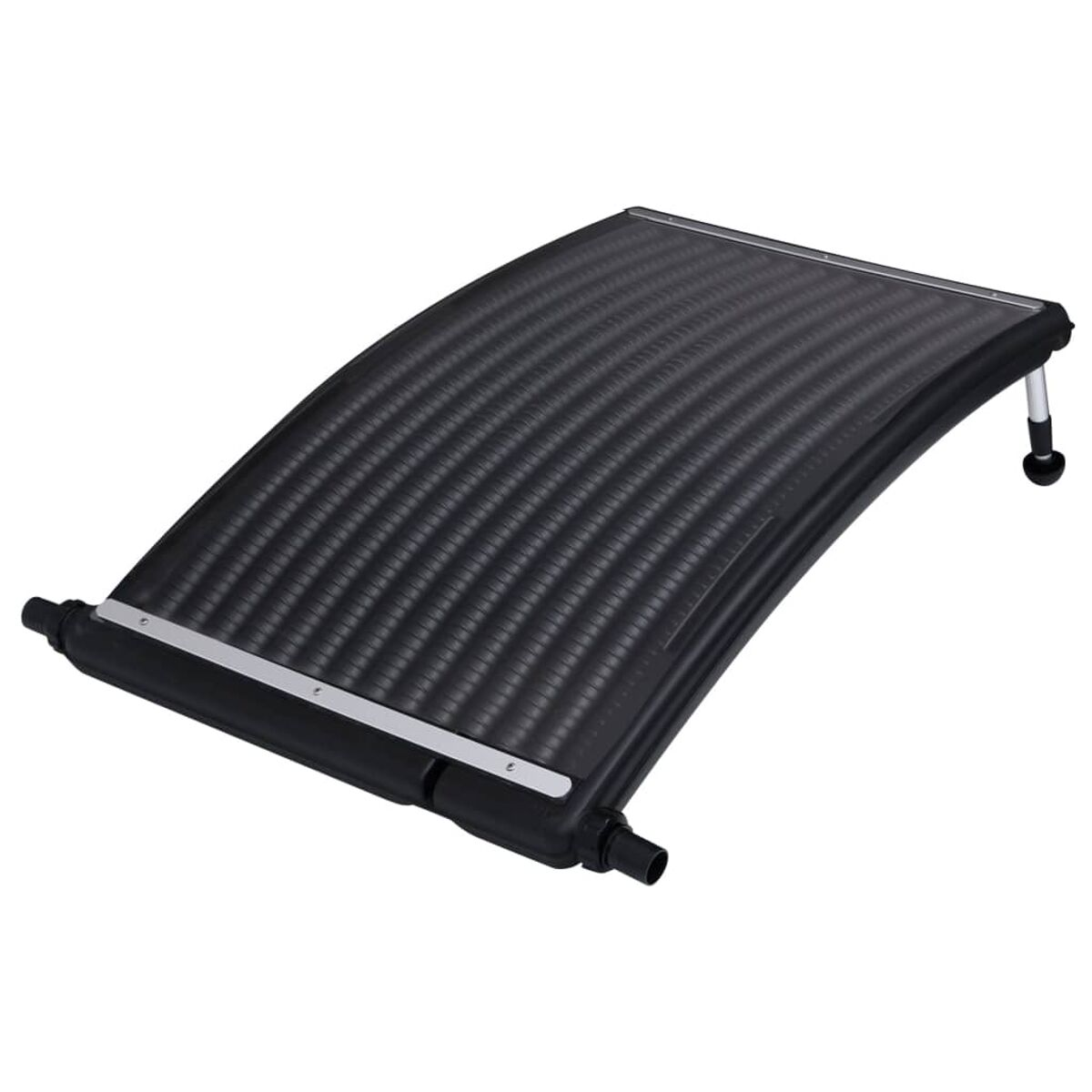 Schwarzer Solar-Pool-Heizkörper. Gebogen, mit Rippen und Wasserein-/auslässen.