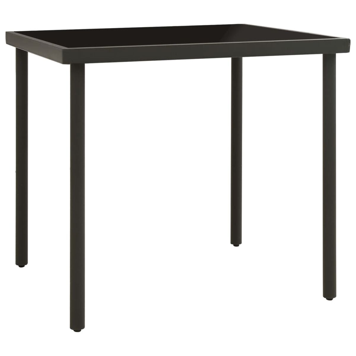 Schwarzer quadratischer Metalltisch mit vier Beinen.