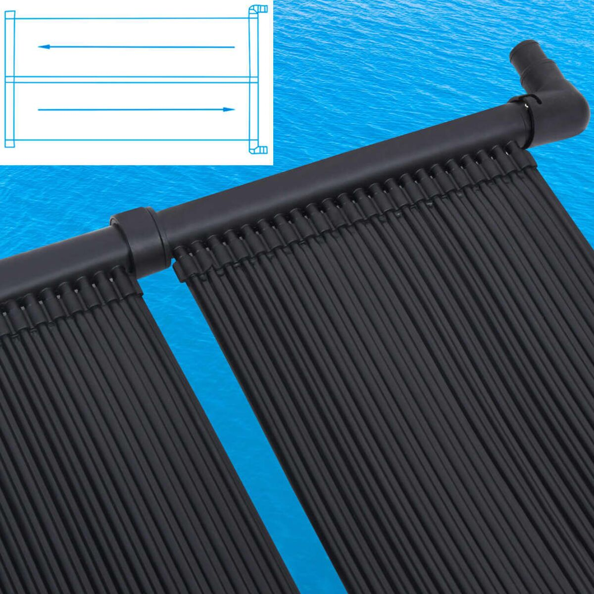 Nahaufnahme eines schwarzen Pool-Solarpanelsystems mit blauem Hintergrund.