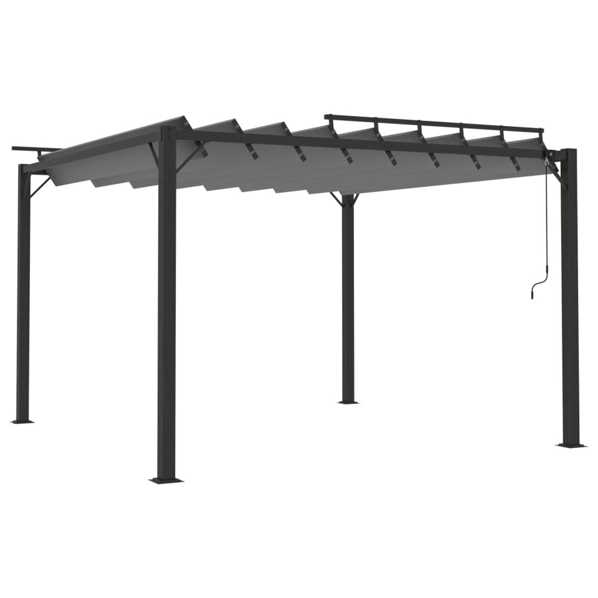 Eine dunkle Pergola mit einem grauen, einziehbaren Baldachin. Es hat vier Pfosten und ein einfaches Design.