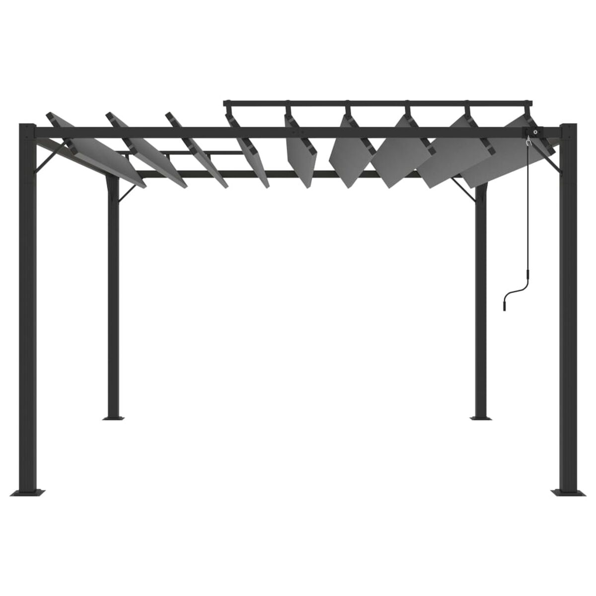 Schwarze Pergola mit verstellbaren Schattierungen, aus niedriger Perspektive gesehen.