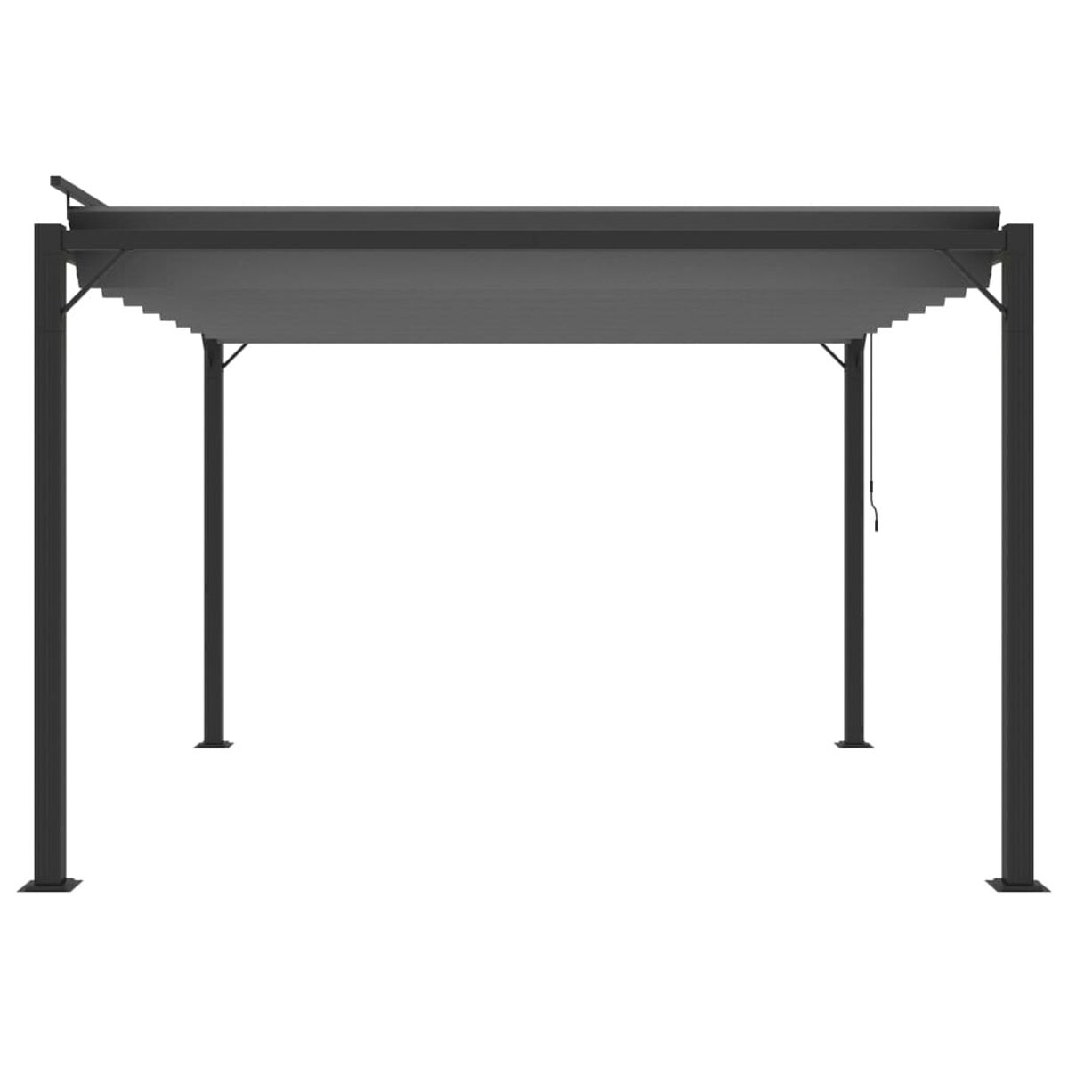 Eine moderne schwarze Pergola mit einem einziehbaren Dach. Vier schwarze Pfosten tragen das Dach auf weißem Hintergrund.
