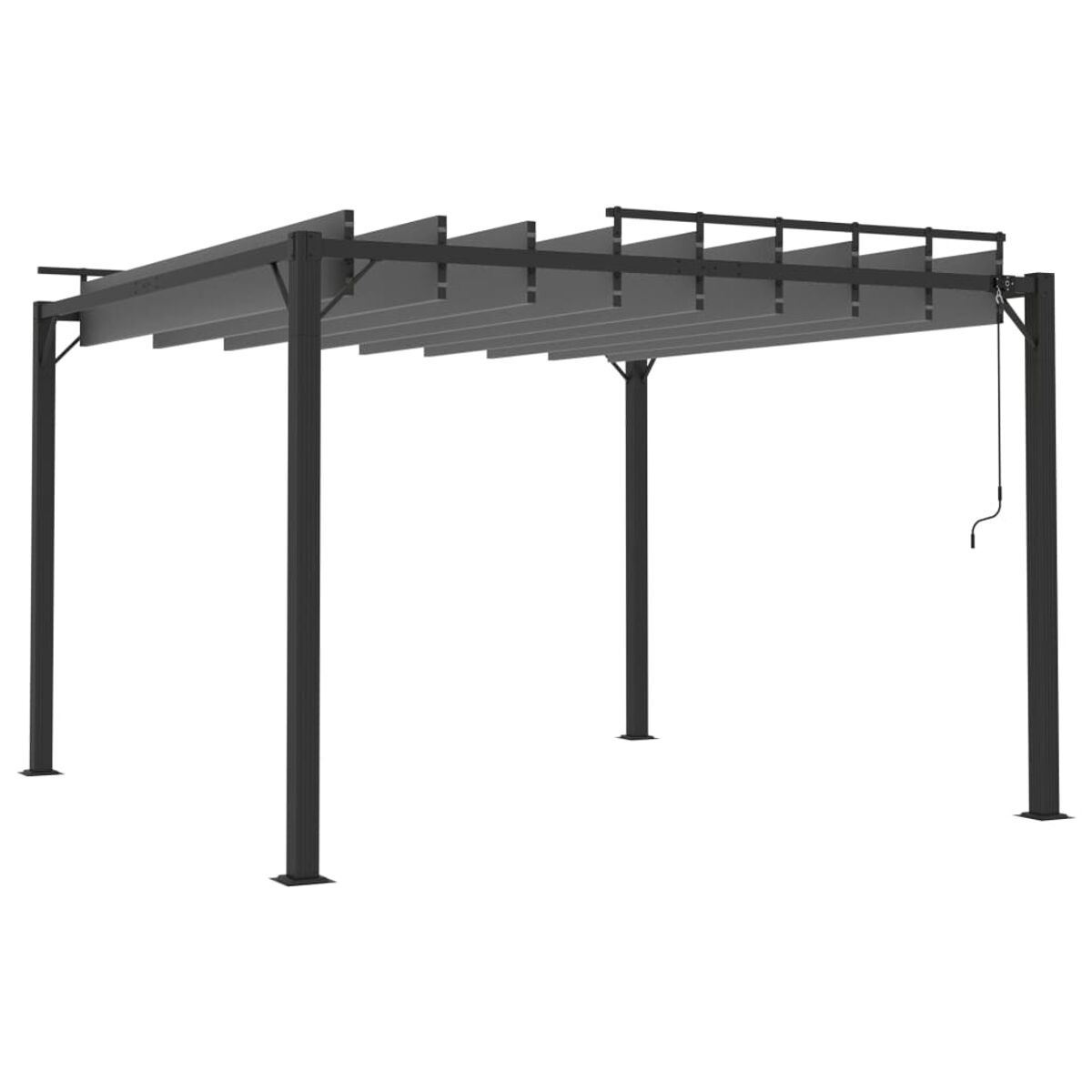 Eine graue Pergola mit einem einziehbaren Baldachin. Sie hat vier schwarze Pfosten und ein einfaches Design.