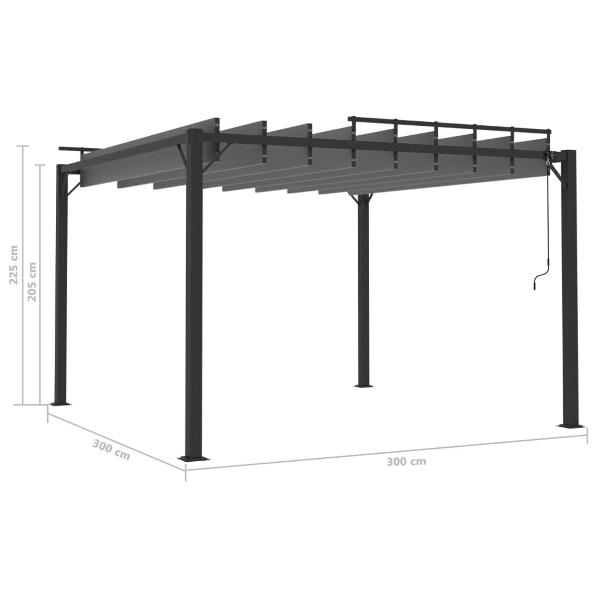 Schwarze Metallpergola. Abmessungen: 300x300 cm, 225x205 cm.
