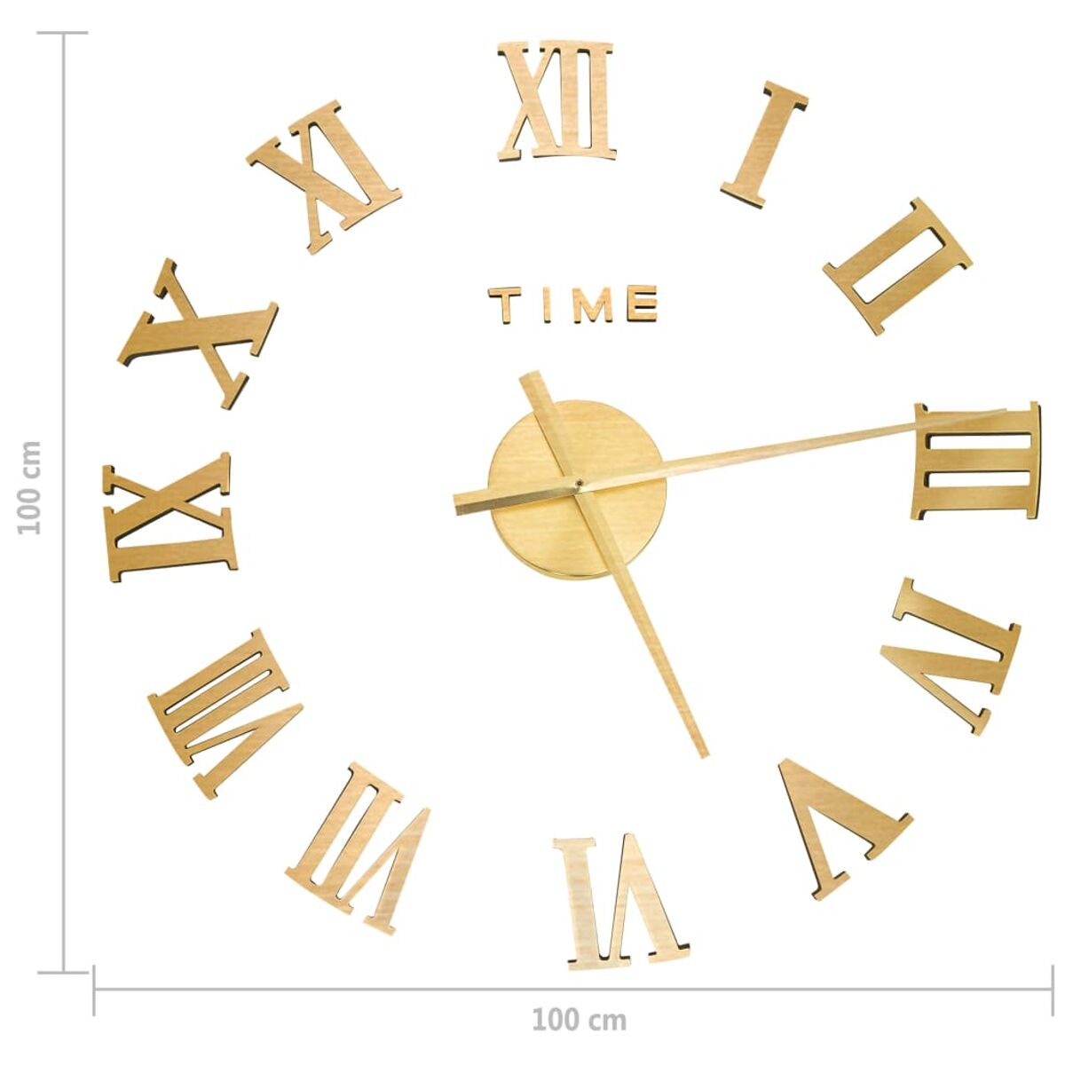 Holzuhr mit goldenen römischen Ziffern und Zeigern, 'ZEIT'-Text in der Mitte.