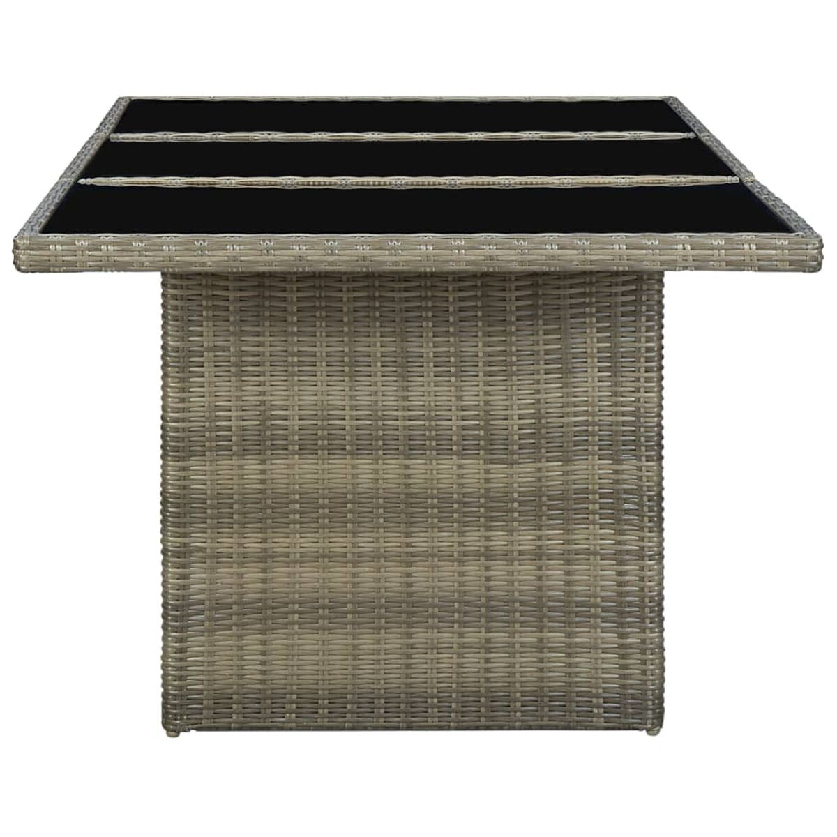 Grauer Outdoor-Tisch aus Korbgeflecht mit schwarzer Glasplatte.