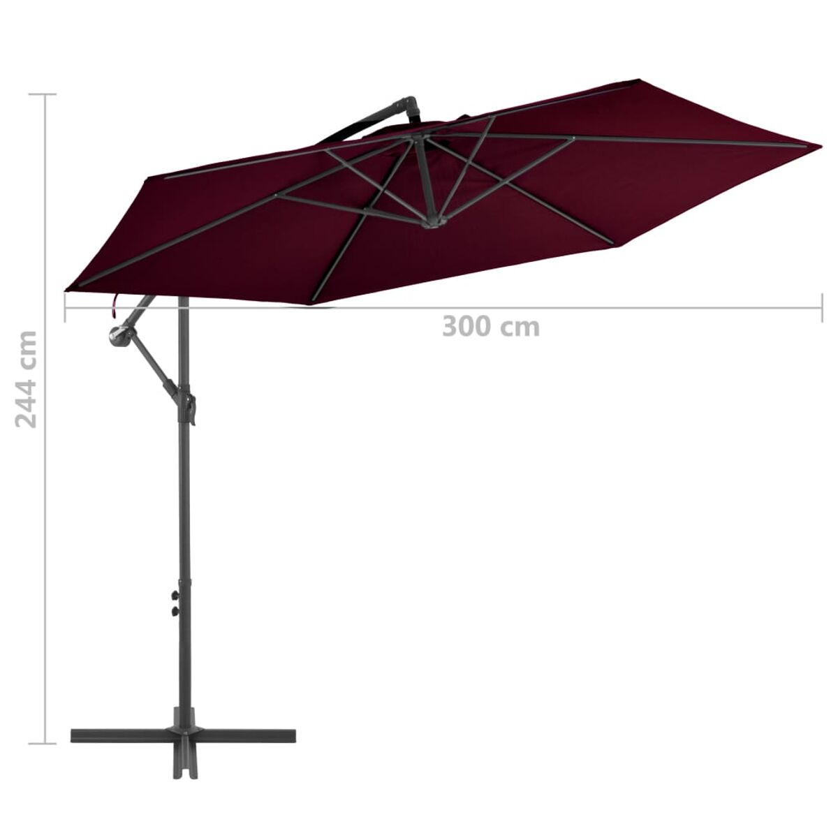 Roter Schirm, 244 cm hoch, 300 cm breit, schwarzer Mast und Fuß auf Weiß.