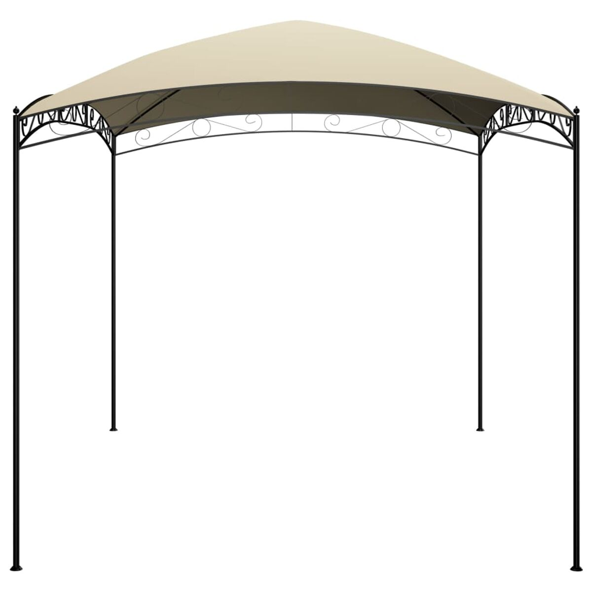 Ein beigefarbener Pavillon mit schwarzem Metallrahmen und dekorativen Details, vor weißem Hintergrund.