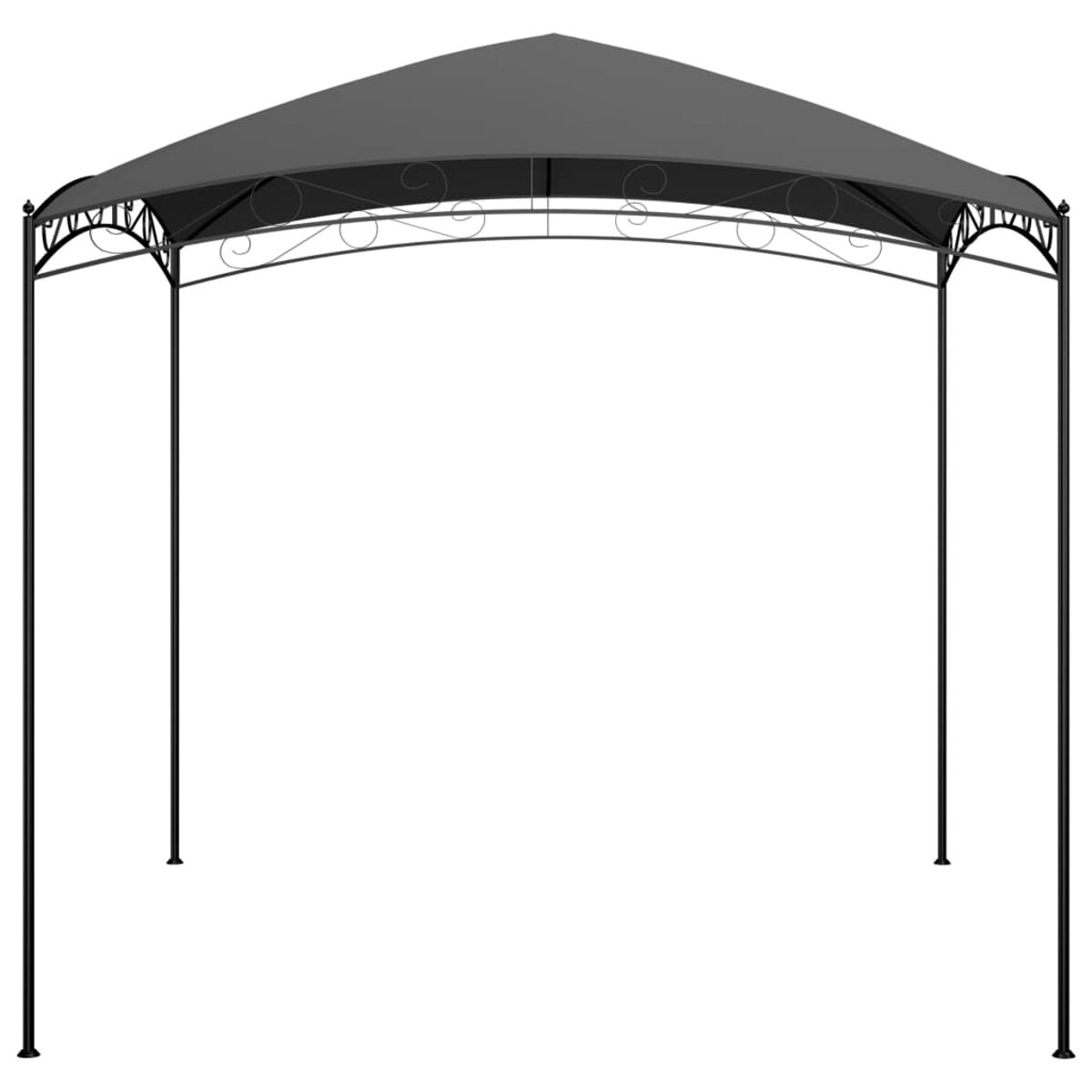 Schwarzer Pavillon mit dunkelgrauem Dach und dekorativen Metallarbeiten.