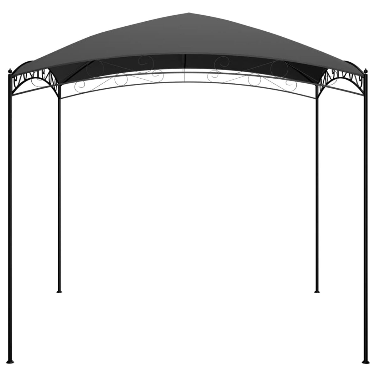 Ein schwarzer Pavillon mit dekorativer Spitze. Wird von schwarzen Pfosten getragen.