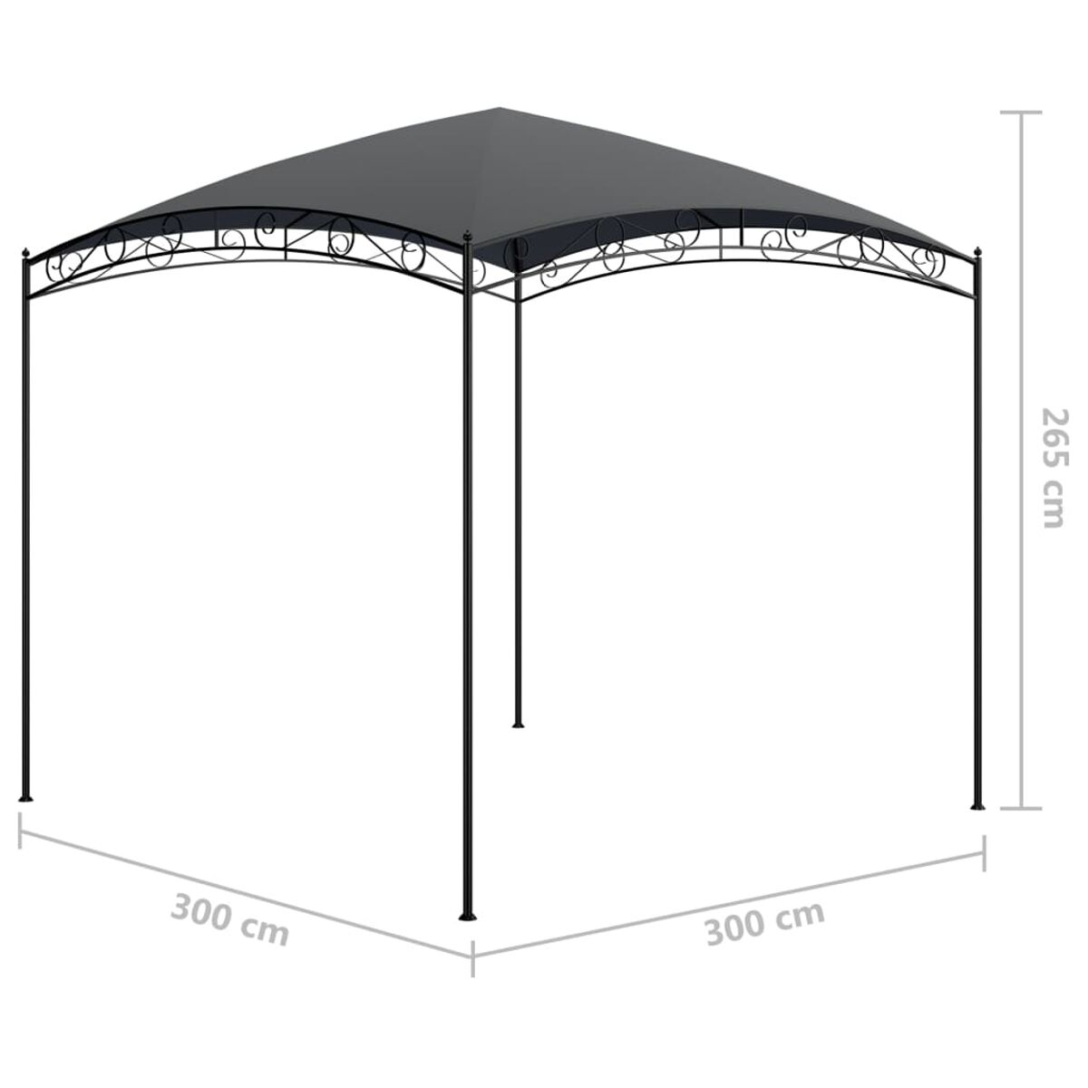 Schwarzer Pavillon mit quadratischer Basis und Baldachin. Der Rahmen ist schwarz.