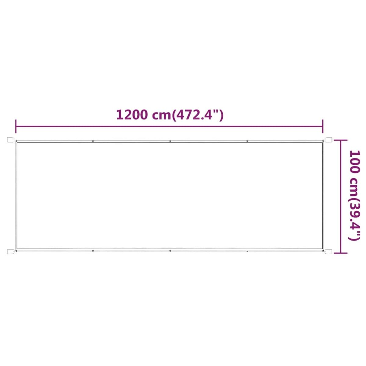 Outdoor-Sichtschutz. Weißes Gestell, graue Leinwand. Abmessungen: 1200 cm lang, 100 cm hoch. Weißer Hintergrund.
