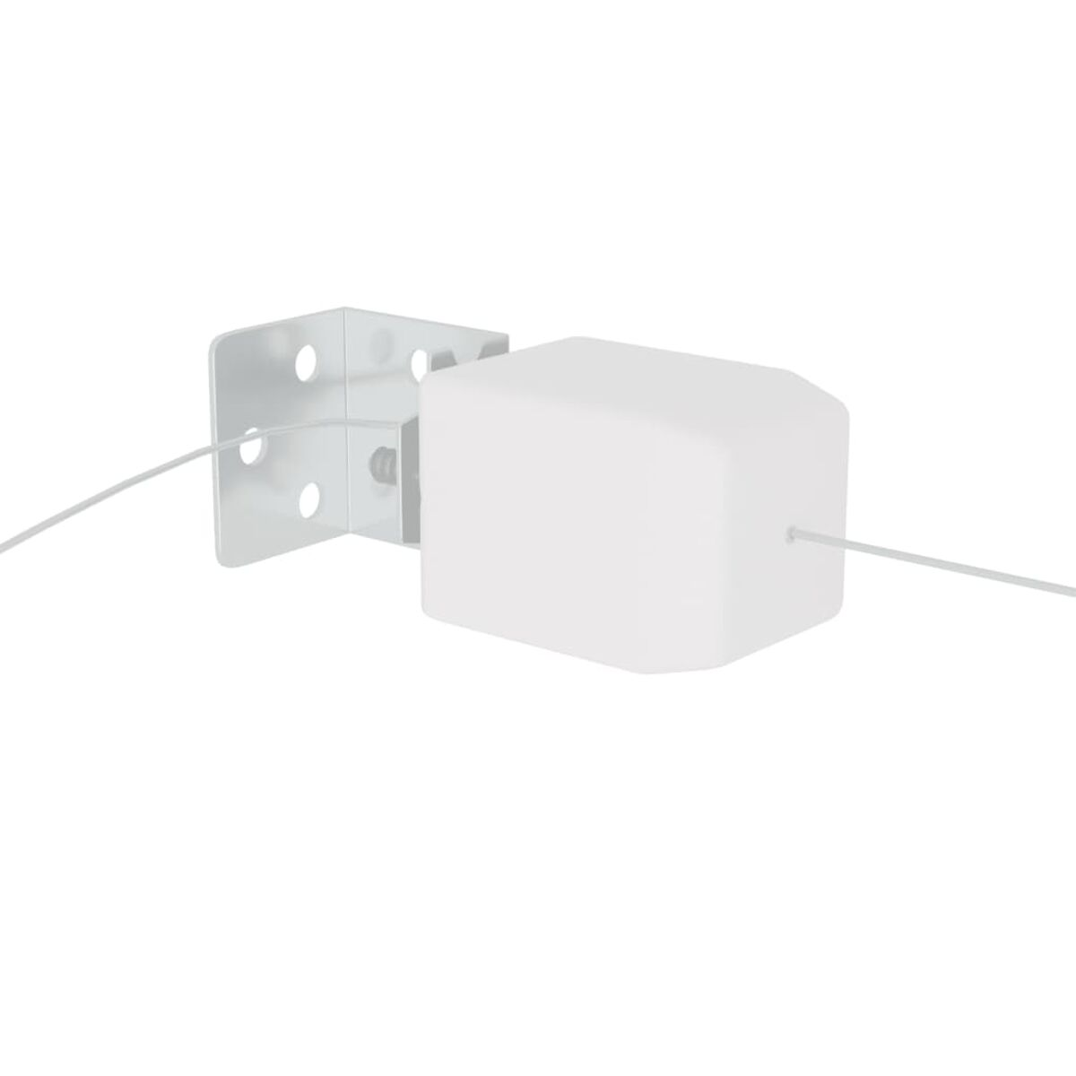 Ein weißer Mechanismus ist an einer Metallhalterung befestigt. Ein dünnes Kabel geht davon aus.