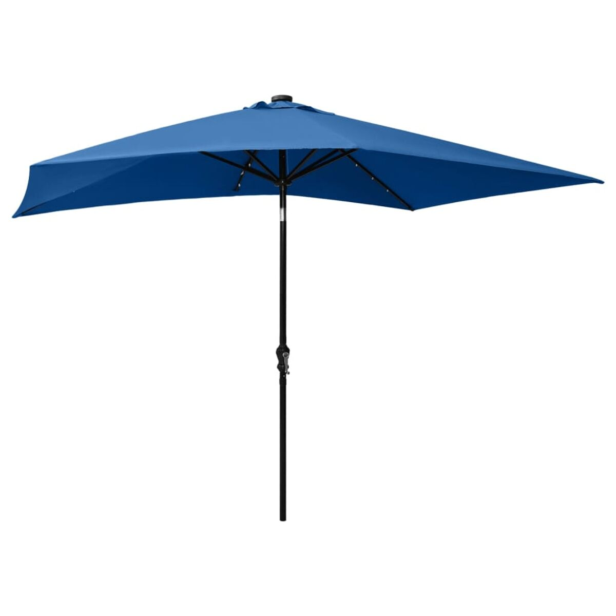 Blauer rechteckiger Sonnenschirm für die Terrasse mit schwarzem Mast und Rahmen.