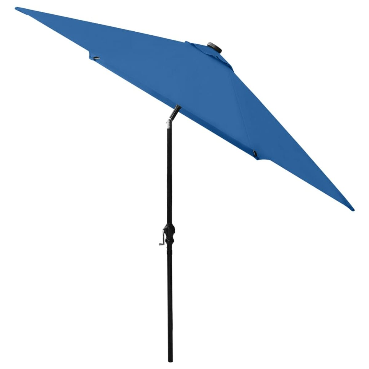Blauer rechteckiger Sonnenschirm, geöffnet, vor weißem Hintergrund.