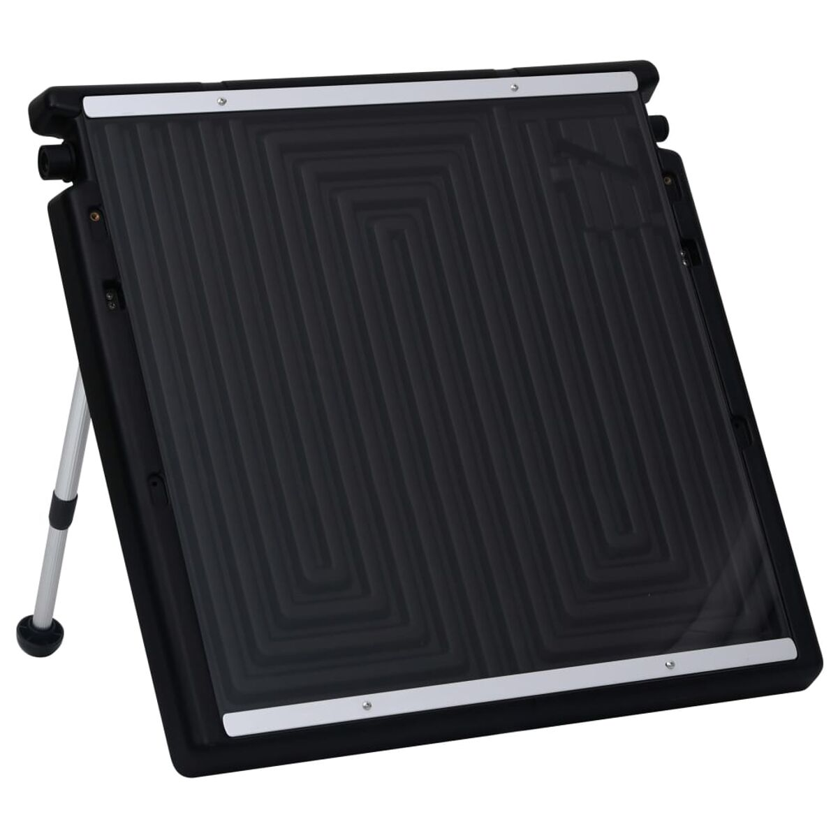 Schwarzes Solarpanel mit schwarzem Rahmen und silbernen Kanten, mit Zickzack-Muster.