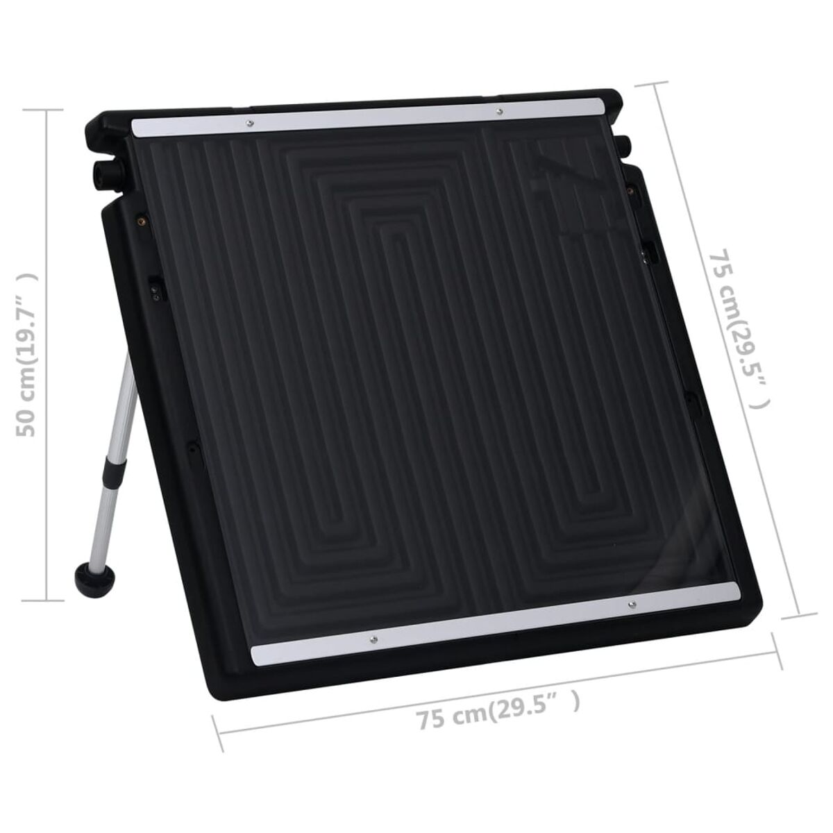 Schwarzes Solarpanel mit Abmessungen und einem abgewinkelten Stützbein.