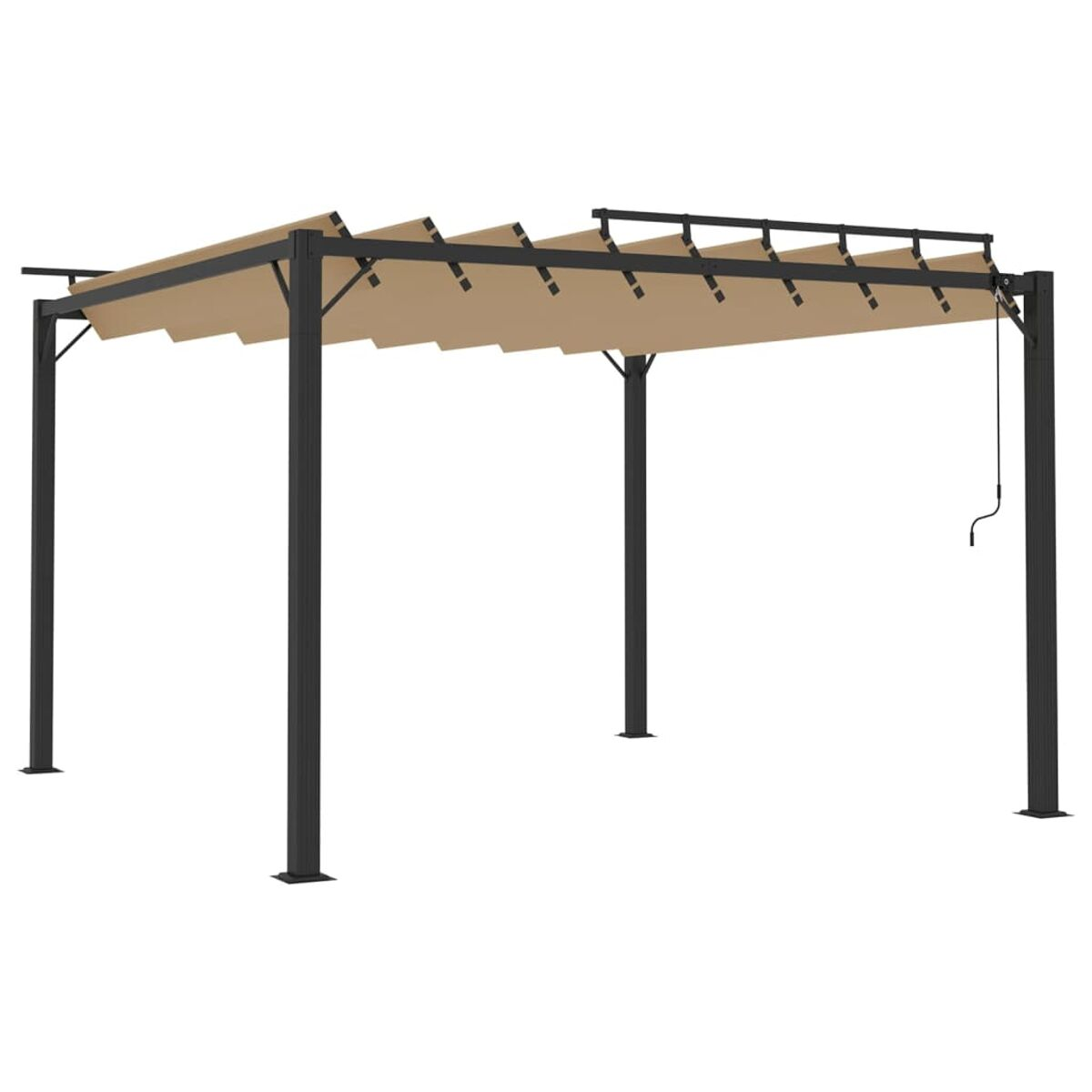 Pergola mit beigefarbenen Stoffschirmen.