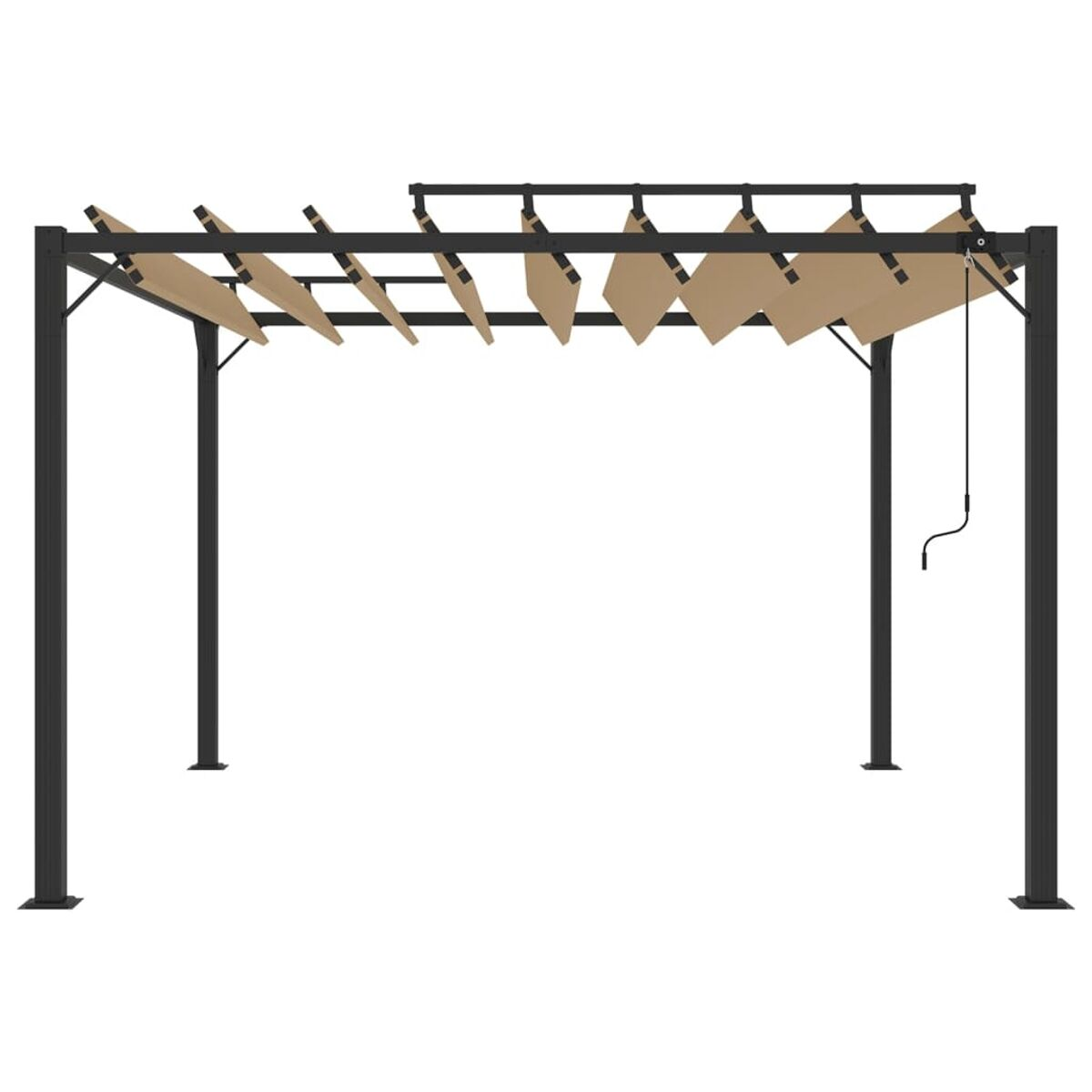Schwarze Metallpergola mit beigefarbenen Stoffschirmen. Weißer Hintergrund.