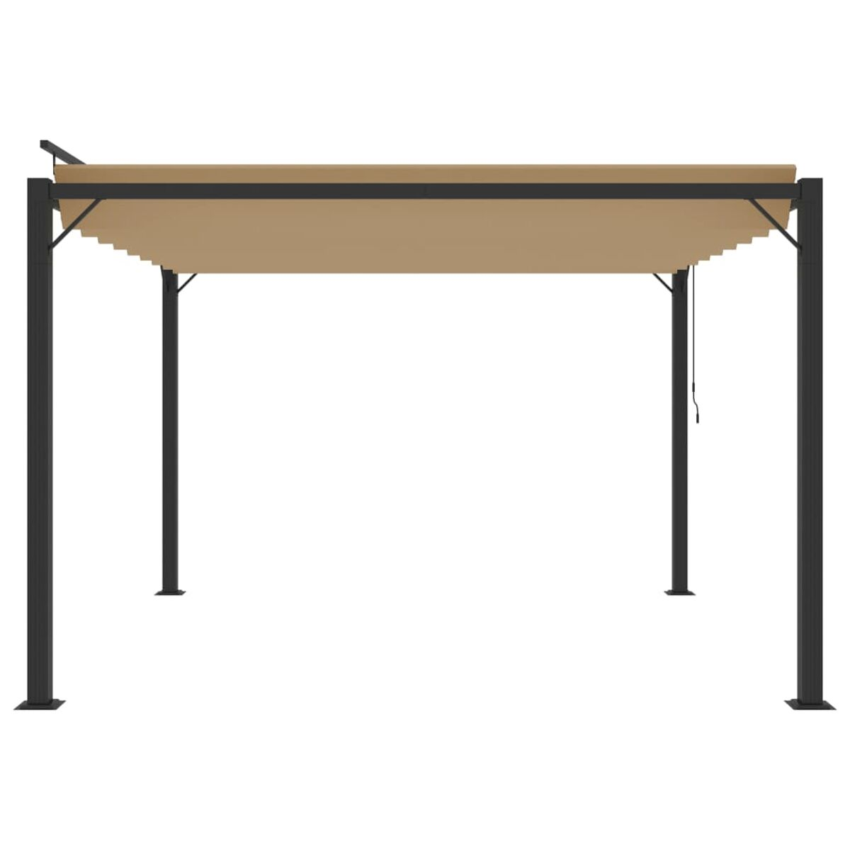 Eine beige Pergola mit schwarzem Rahmen, auf weißem Grund, von unten gesehen.