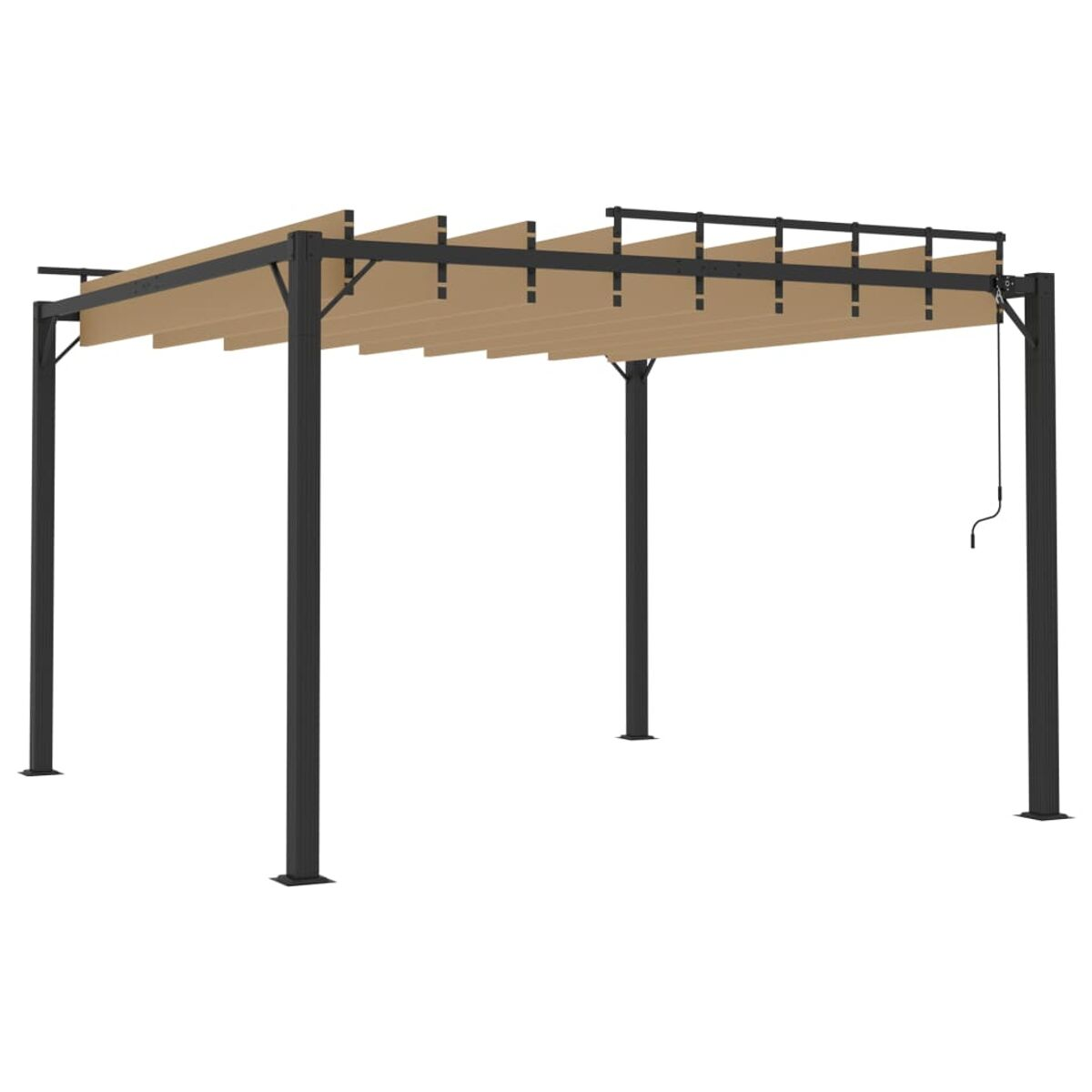 Schwarze Metallpergola mit beigem Vordach. Weißer Hintergrund.