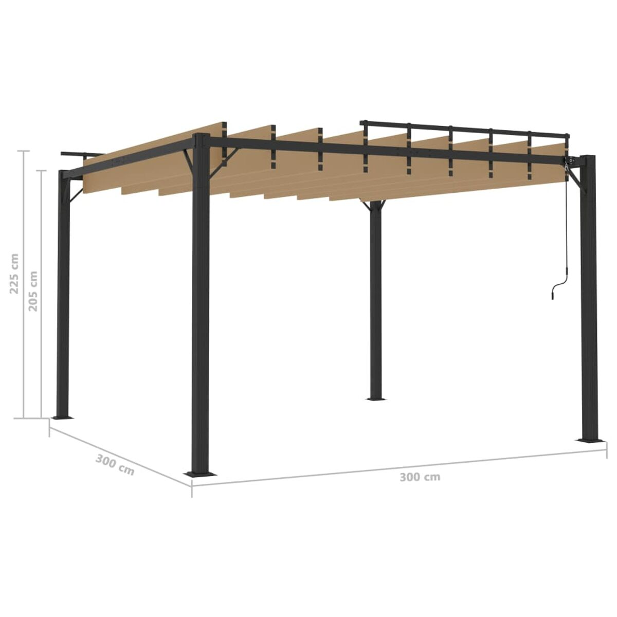 Schwarze Pergola mit beigem Baldachin, schwarzem Rahmen und Abmessungen.