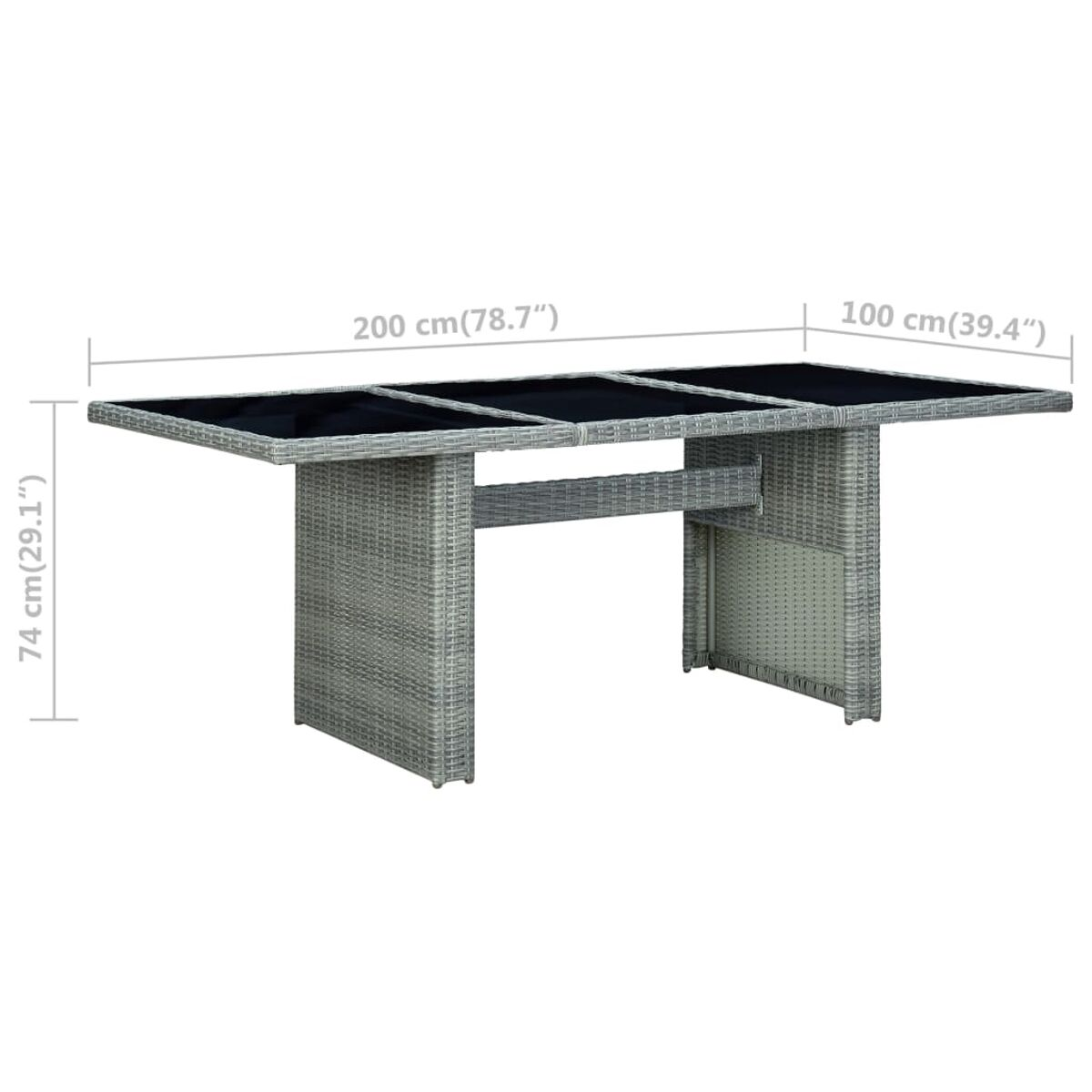 Grauer Rattantisch mit schwarzen Glasplatten und Maßen, weißer Hintergrund.