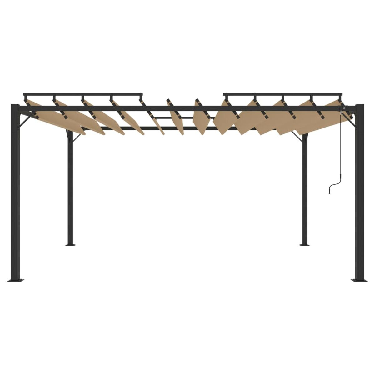 Outdoor-Pergola mit beigefarbenen Stoffpaneelen, schwarzem Rahmen, weißer Hintergrund.