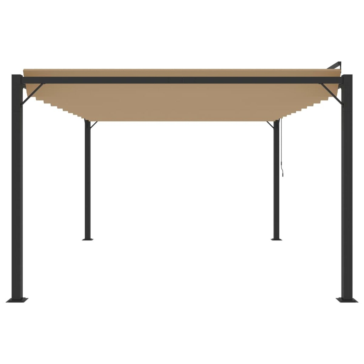 Eine beige Pergola mit einem beigen Baldachin. Der Rahmen ist schwarz und der Hintergrund ist weiß.