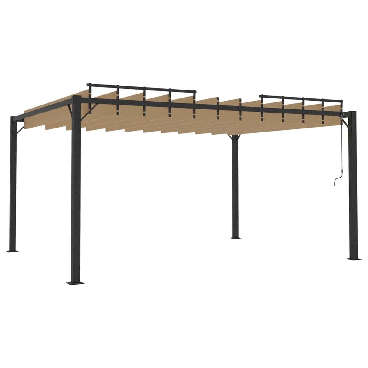 Pergola mit beigem Baldachin und schwarzem Rahmen, zeigt Struktur und Stützen.