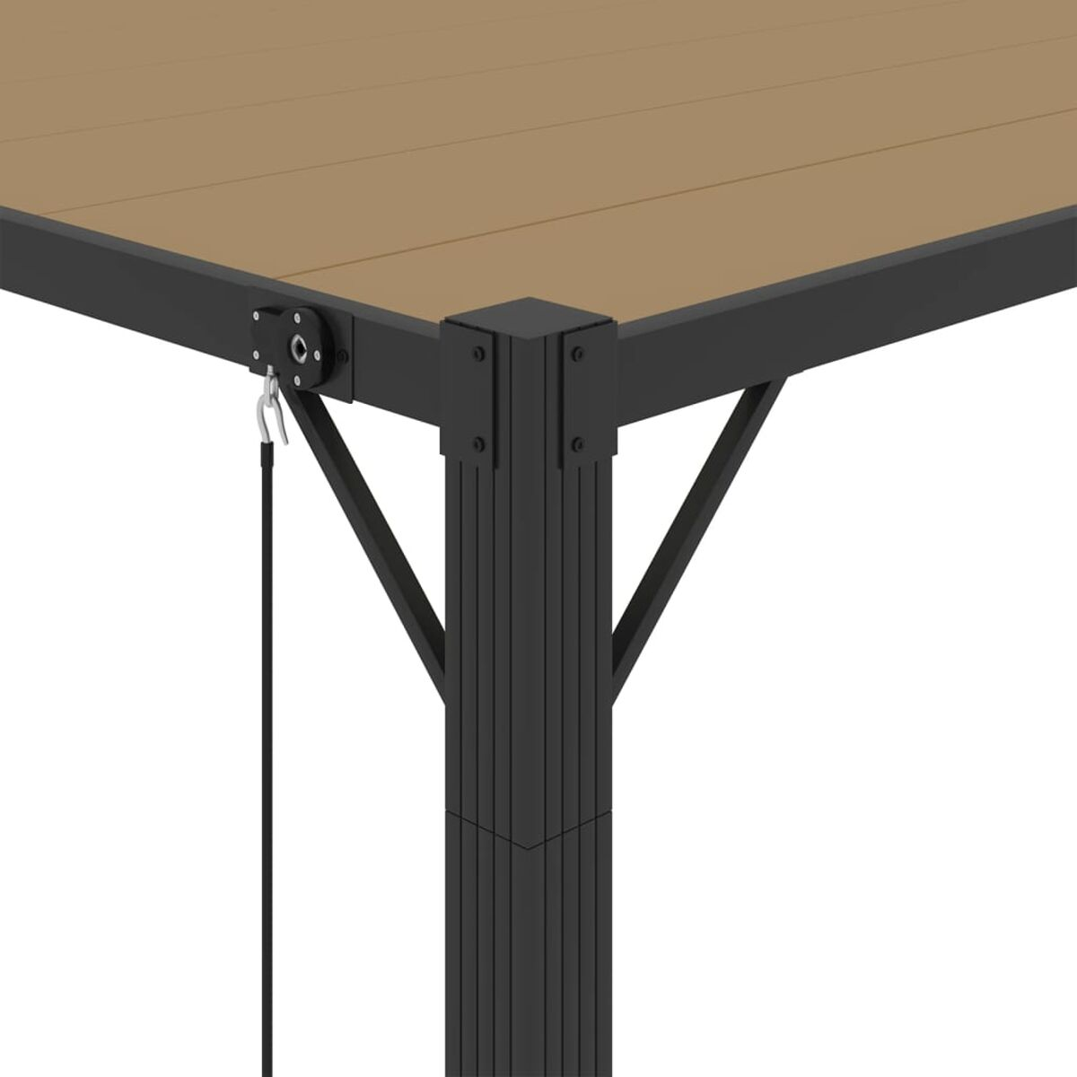 Nahaufnahme einer schwarzen und braunen Pergola mit Holzplatte und sichtbarem Flaschenzug.