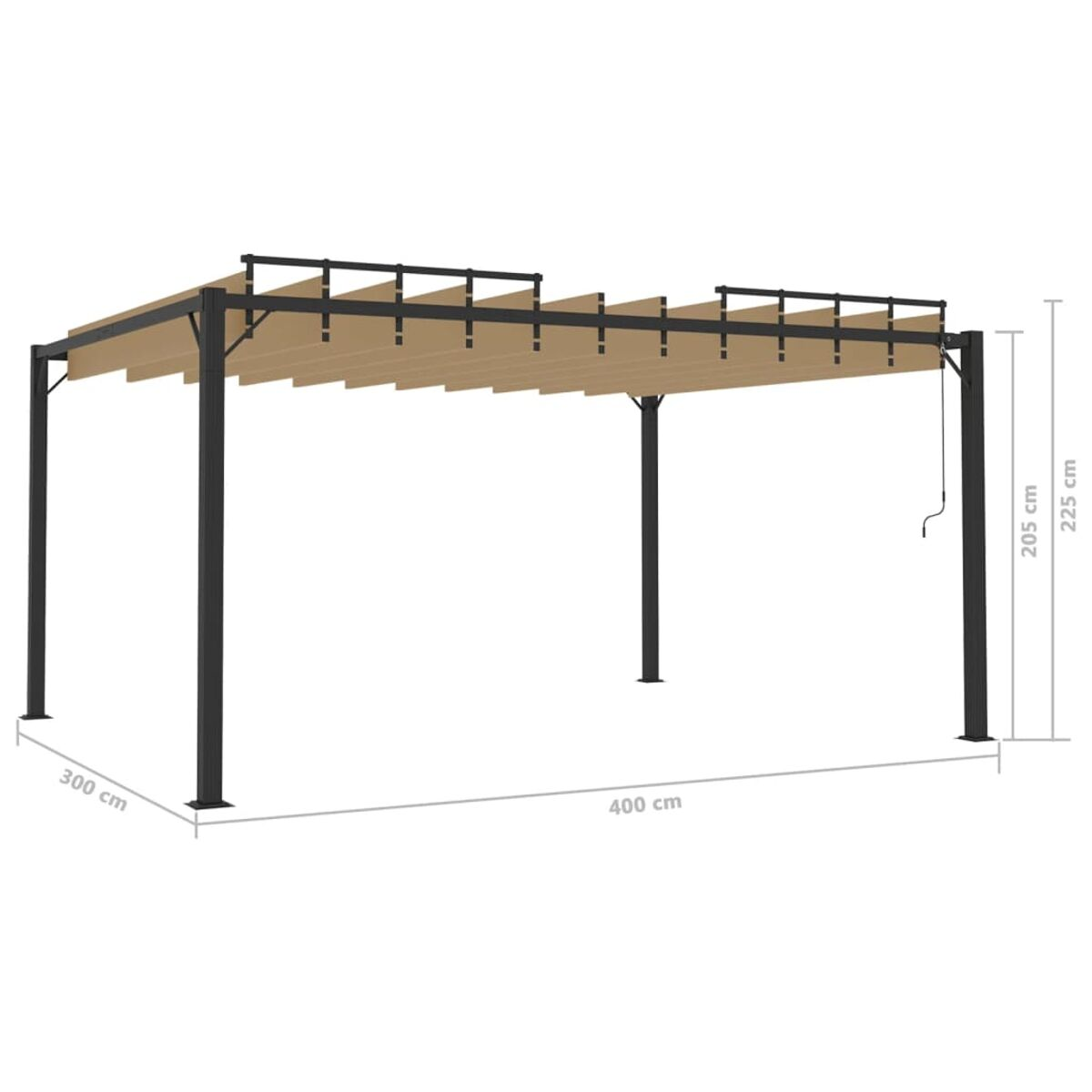 Pergola mit beigem Baldachin, getragen von schwarzen Metallpfosten; Abmessungen angegeben.