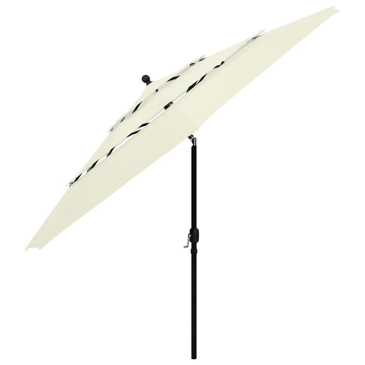 Ein schräger weißer Regenschirm mit schwarzem Mast. Der Hintergrund ist ein schlichter weißer Raum.