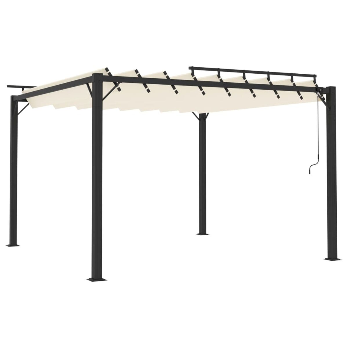 Eine schwarze Metallpergola mit cremefarbenem, einziehbaren Vordach. Weißer Hintergrund.