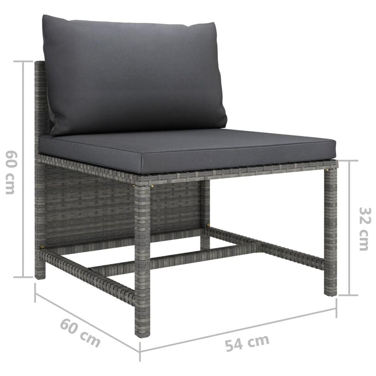 Ein grauer Rattan-Stuhl mit einem grauen Kissen und einem Kissen. Die Abmessungen sind in Zentimetern angegeben. Der Stuhl ist im Profil zu sehen.