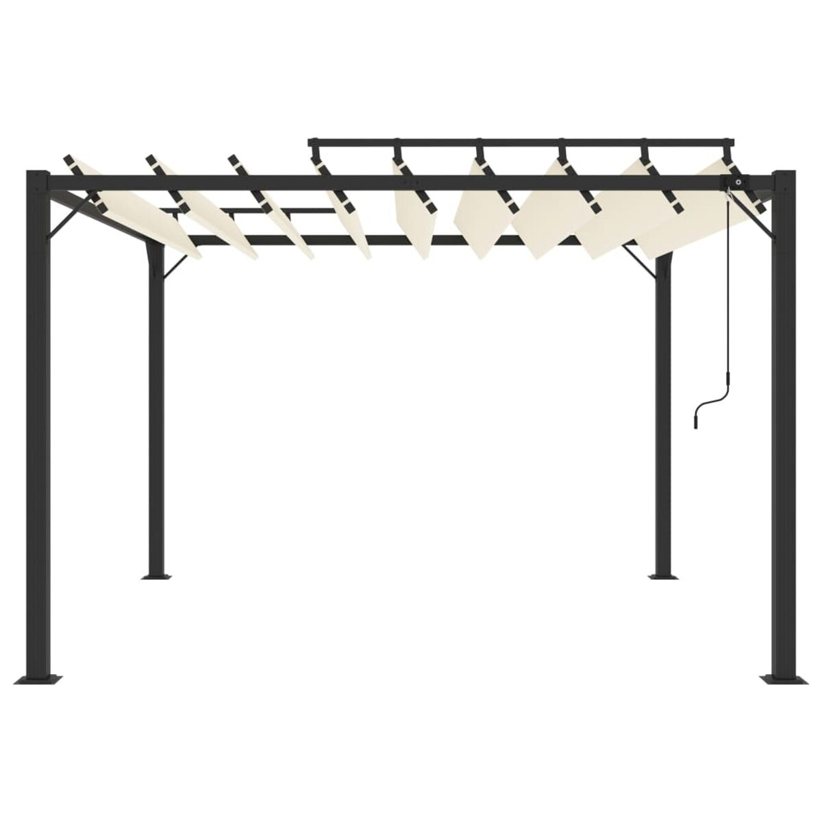 Schwarze Pergola mit weißen Stofflamellen, vor weißem Hintergrund.
