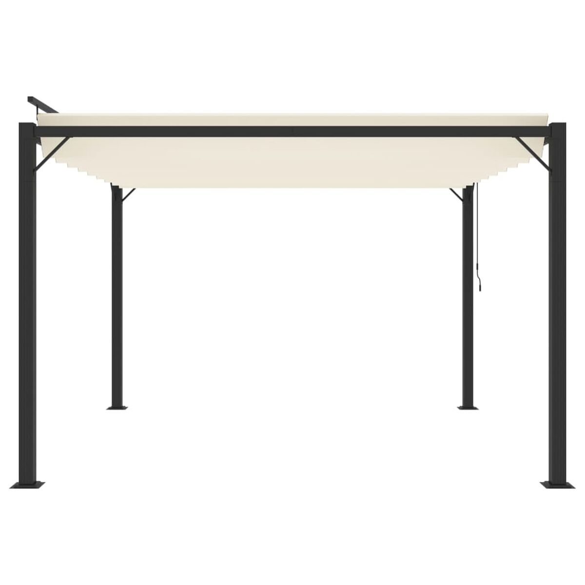 Eine schwarze Pergola mit einem beigefarbenen, einziehbaren Vordach. Sie hat vier Säulen.