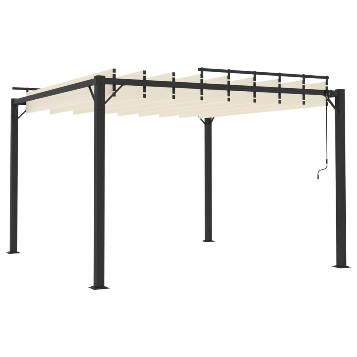 Pergola mit schwarzem Rahmen, weißem Baldachin und vier Pfosten, vor weißem Hintergrund.