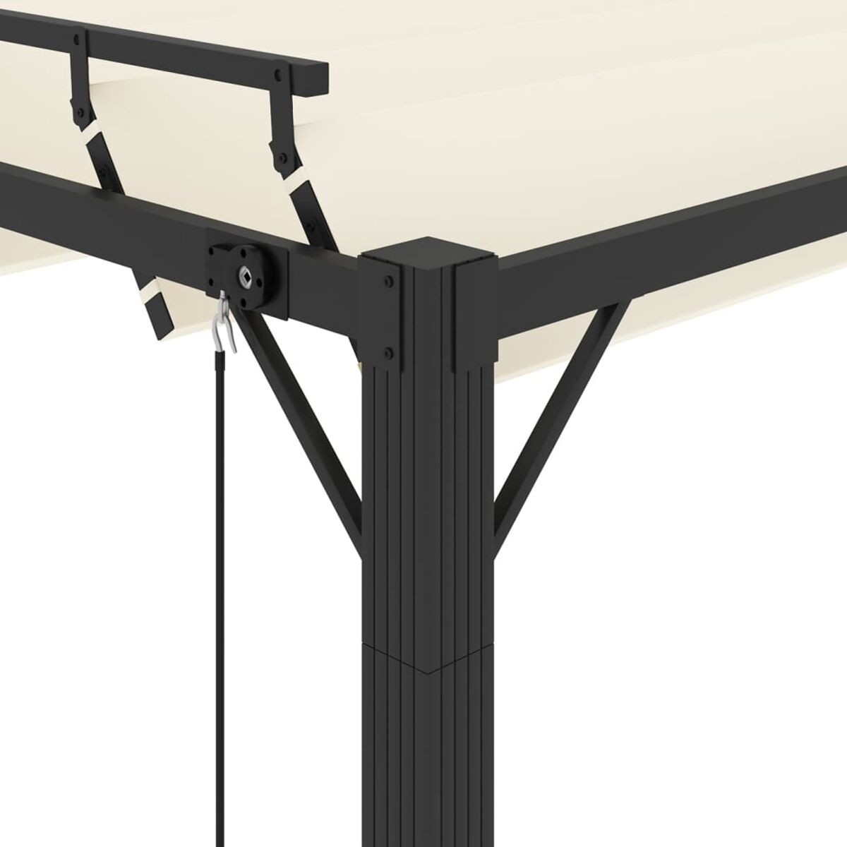 Nahaufnahme einer schwarzen Pergola-Ecke mit schwarzem Rahmen. Detaillierte, robuste Konstruktion.