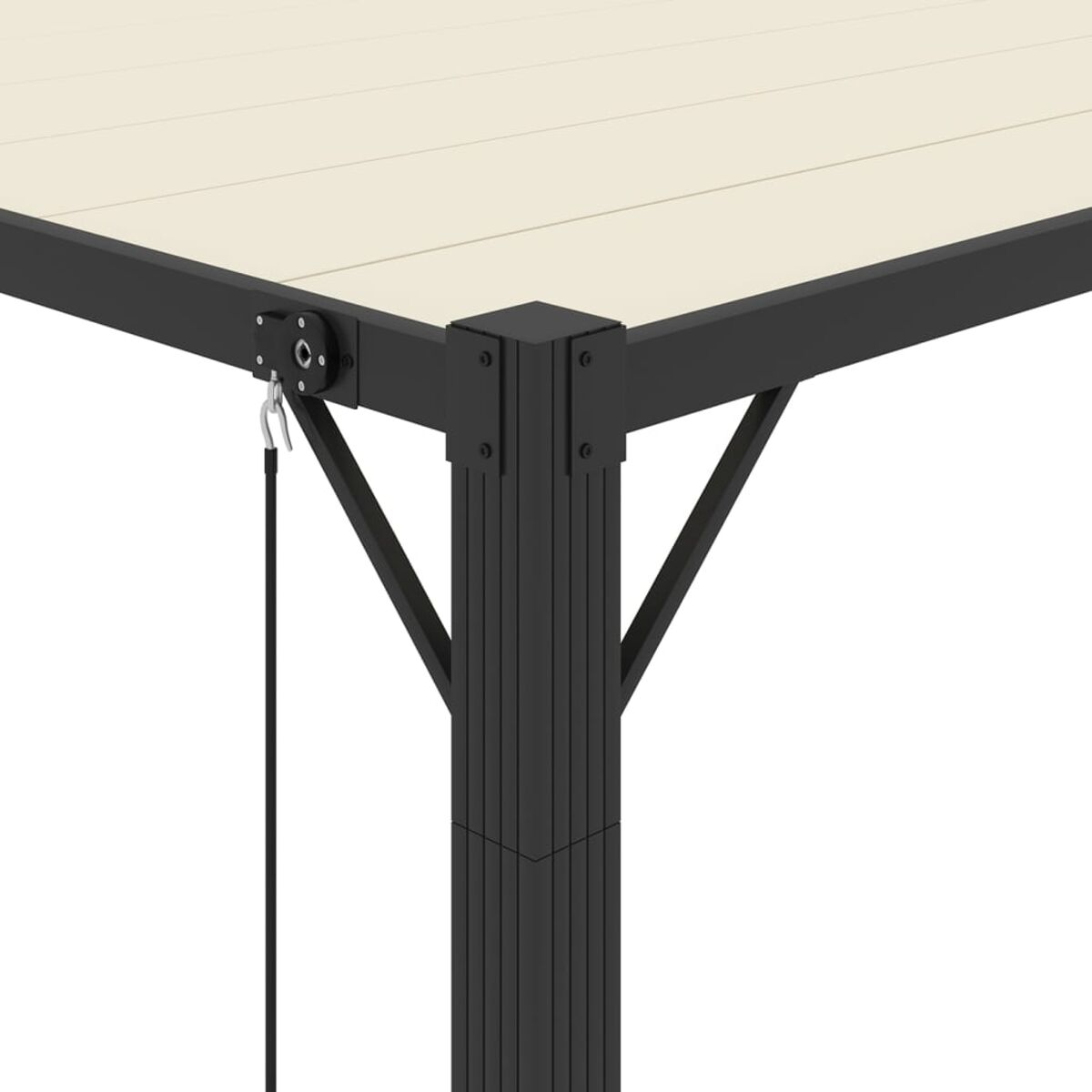 Schwarzes und cremefarbenes Pergola-Eckdetail. Vertikaler schwarzer Pfosten, cremefarbenes Oberteil. Umlenksystem an der Seite.