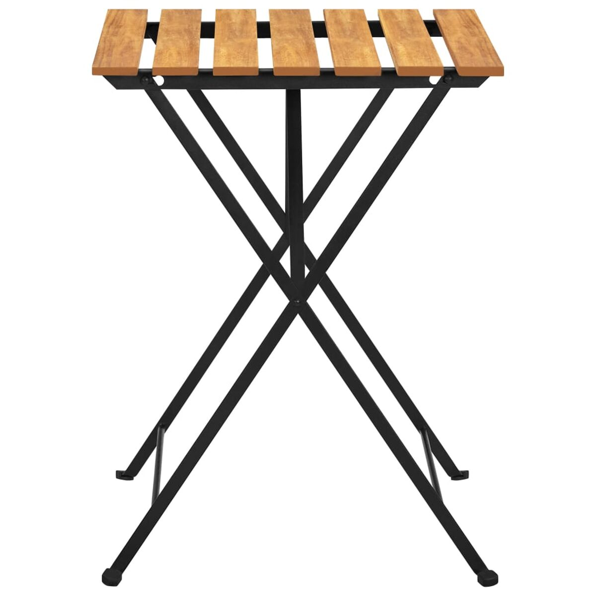 Ein kleiner, zusammenklappbarer Holztisch mit schwarzem Gestell. Der Tisch steht vor weißem Hintergrund.
