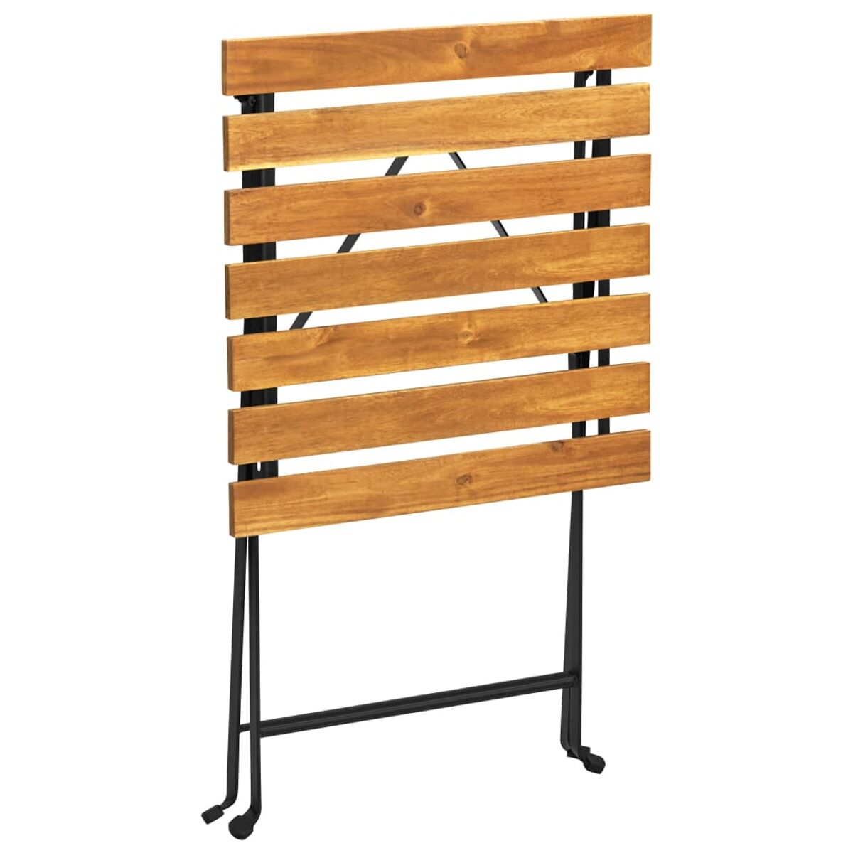 Ein klappbarer Holztisch mit schwarzem Metallrahmen, Draufsicht auf Weiß.