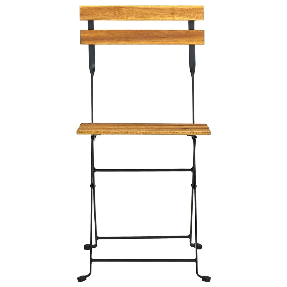 Holz-Klappstuhl, schwarzer Rahmen, von vorne gesehen. Rückenlehne und Sitz sind Holzlatten.