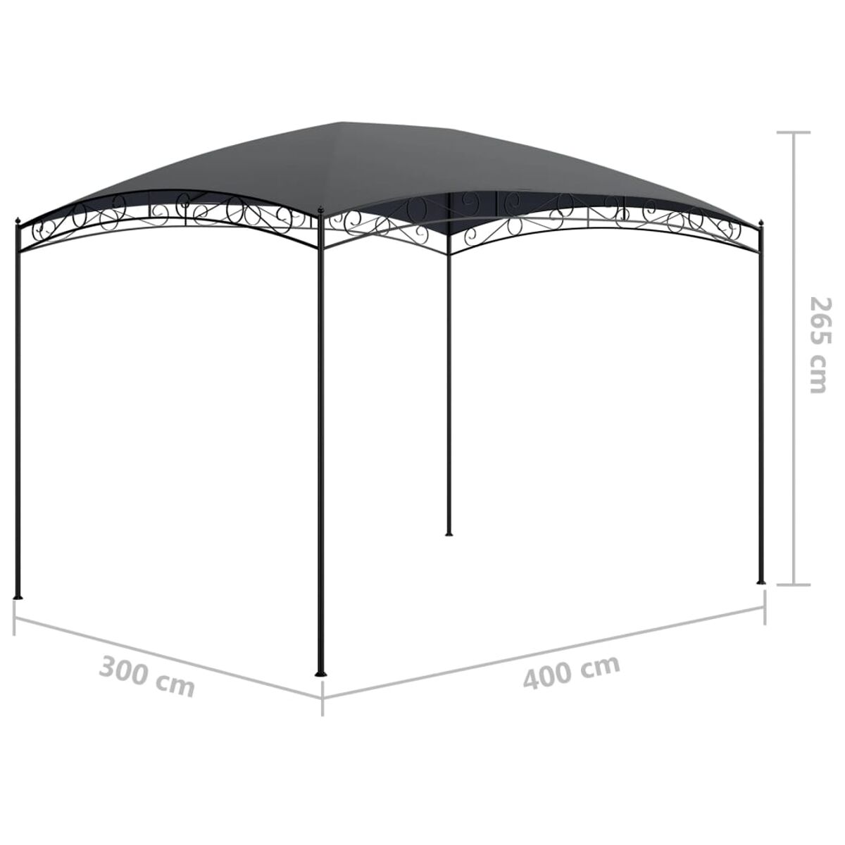 Schwarzer Metallpavillon mit dunkelgrauem Stoffdach. Die Abmessungen sind angegeben, auf weißem Hintergrund.