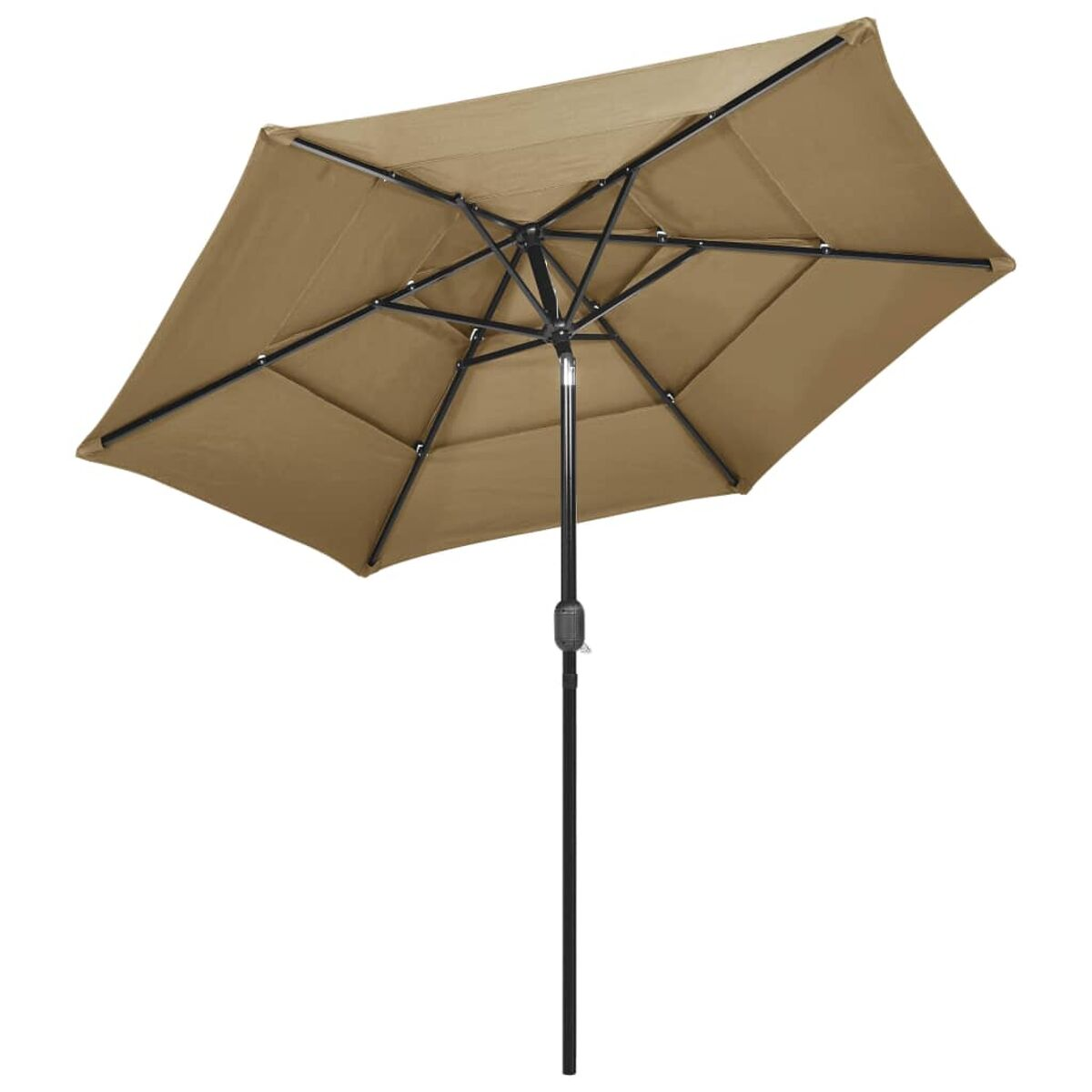 Hellbrauner Regenschirm mit schwarzem Mast. Der Regenschirm ist geöffnet.
